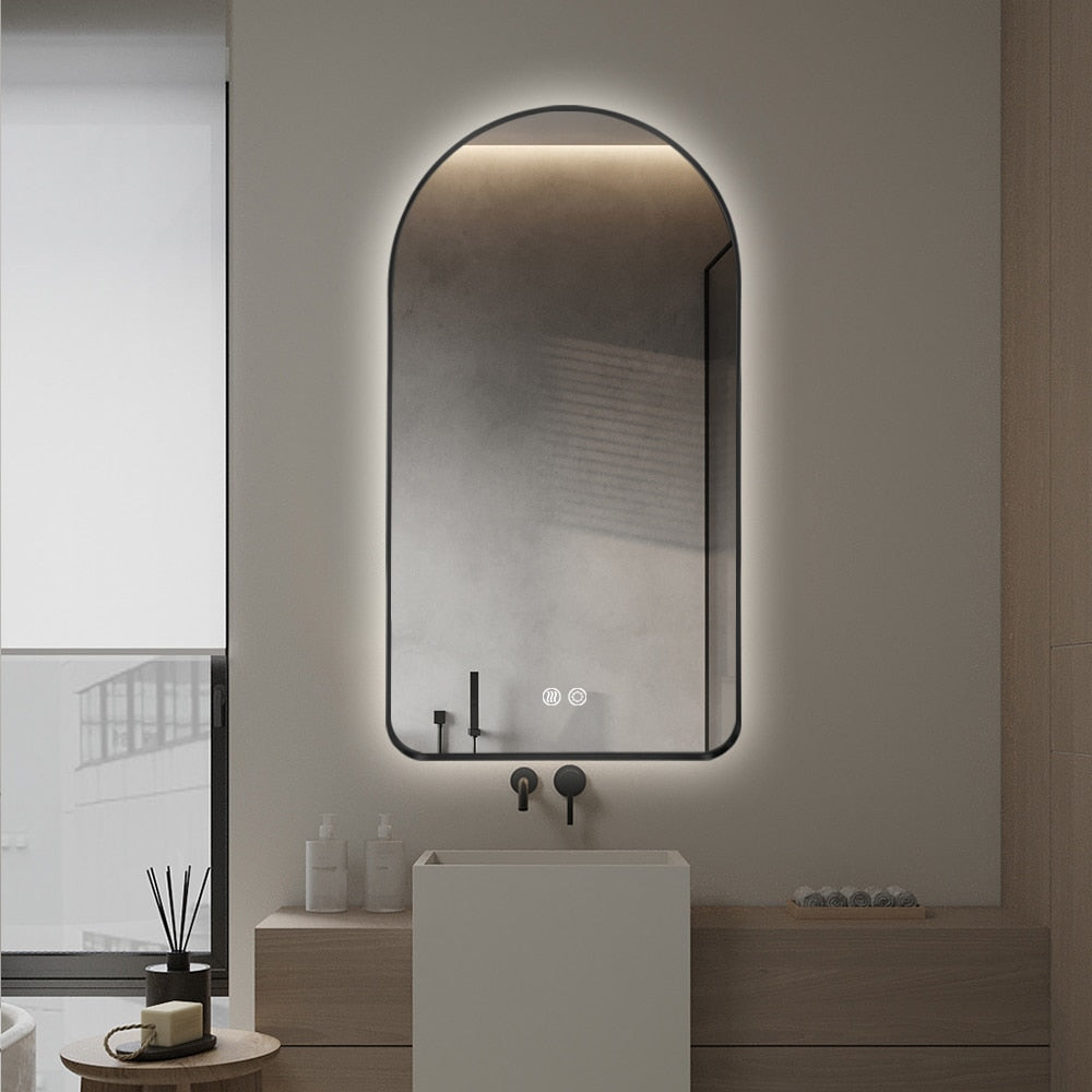 Arched LED Wall Mirror 100cm x 75cm Black Bevel Frame Backlit Dimmable Defogger