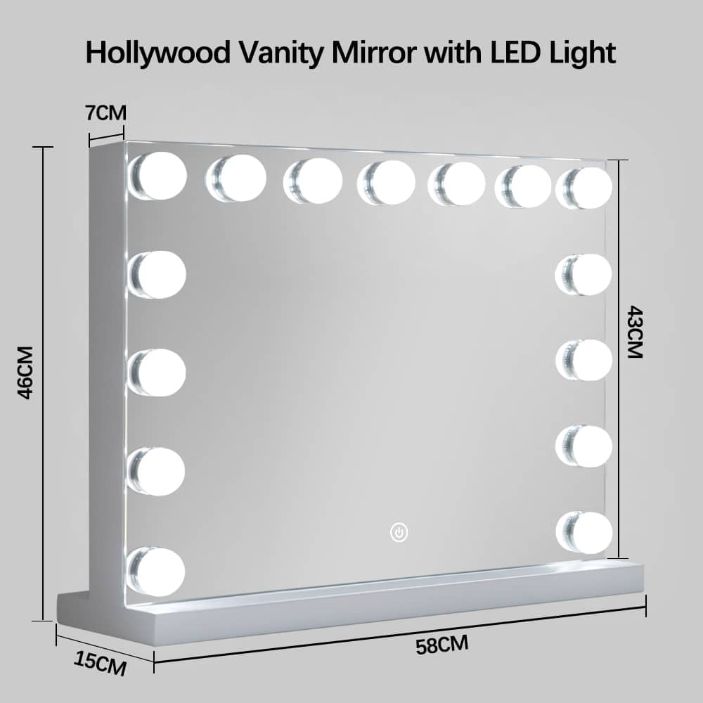 Rectangular Hollywood LED Makeup Mirror 46cm x 58cm Frontlit Touch Sensor Vanity Tabletop Beauty Mirror