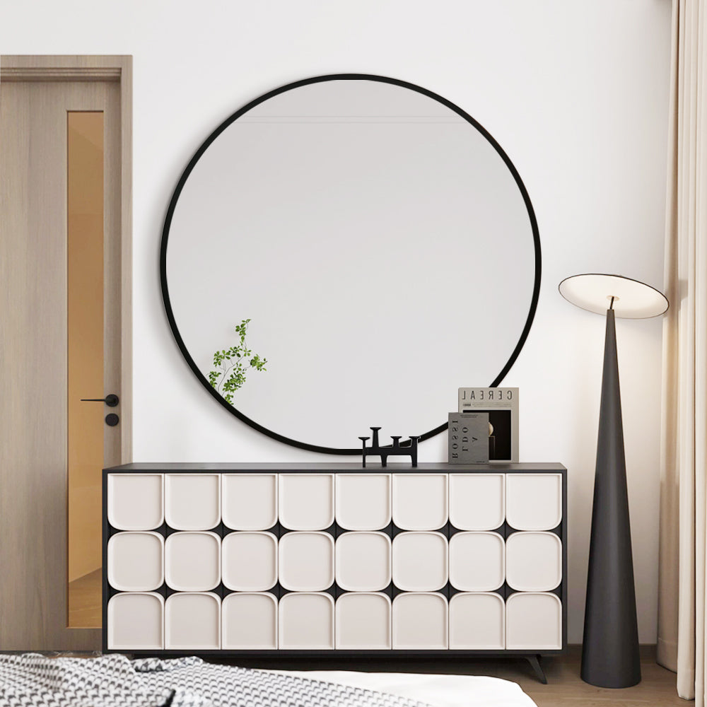 Round Solid Wood Wall Mirror 100cm Black Frame Decorative Living Room Accent