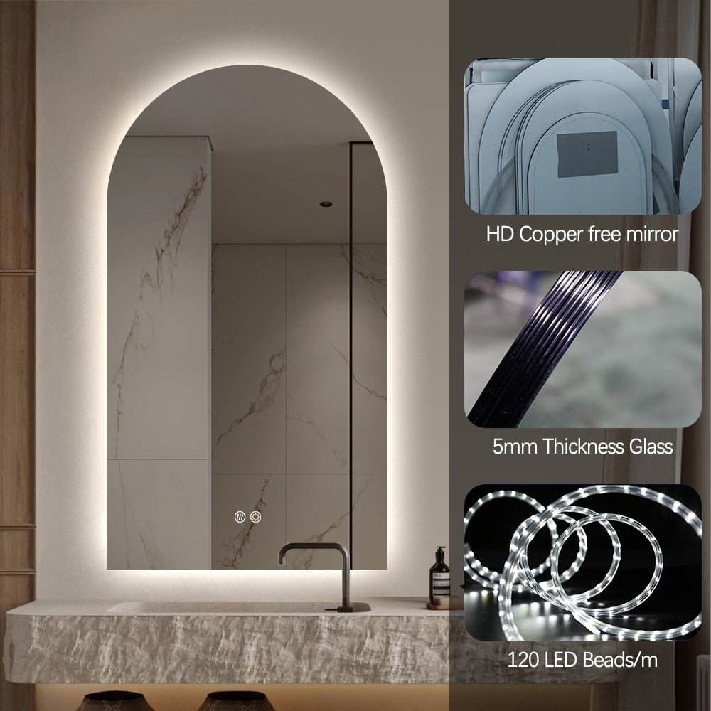 Arched LED Mirror 90cm x 50cm Frameless Backlit Dimmable Anti Fog Bathroom Vanity