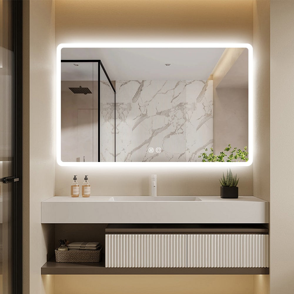 Rectangular LED Mirror 100cm  x 75cm Frameless Frosted Wall Mounted Bathroom Defogger Dimmable Touch Sensor