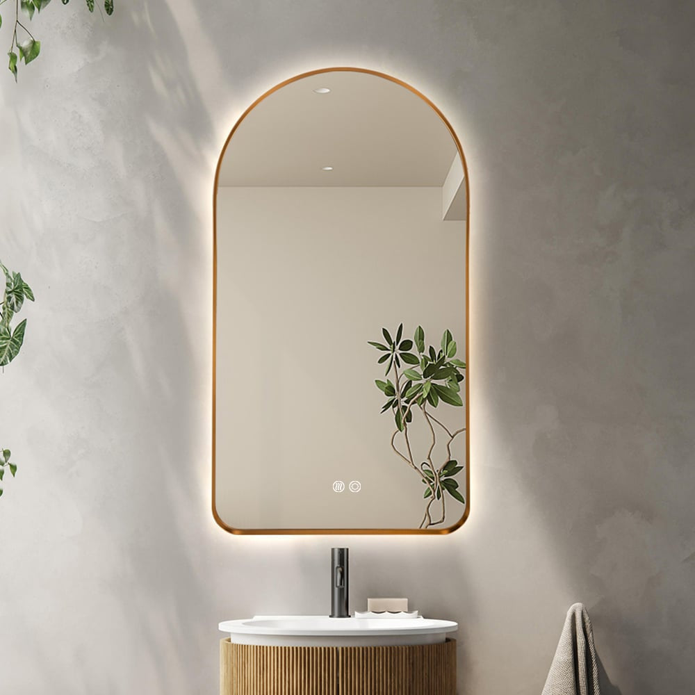 Arched LED Wall Mirror 90cm x 50cm Gold Bevel Frame Backlit Dimmable Defogger