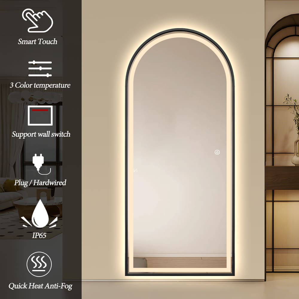 Full Length Arched LED Mirror 180cm x 80cm Freestanding Wall Mounted Black Frame Dimmable