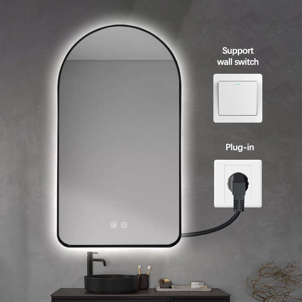 Arched LED Wall Mirror 100cm x 75cm Black Bevel Frame Backlit Dimmable Defogger