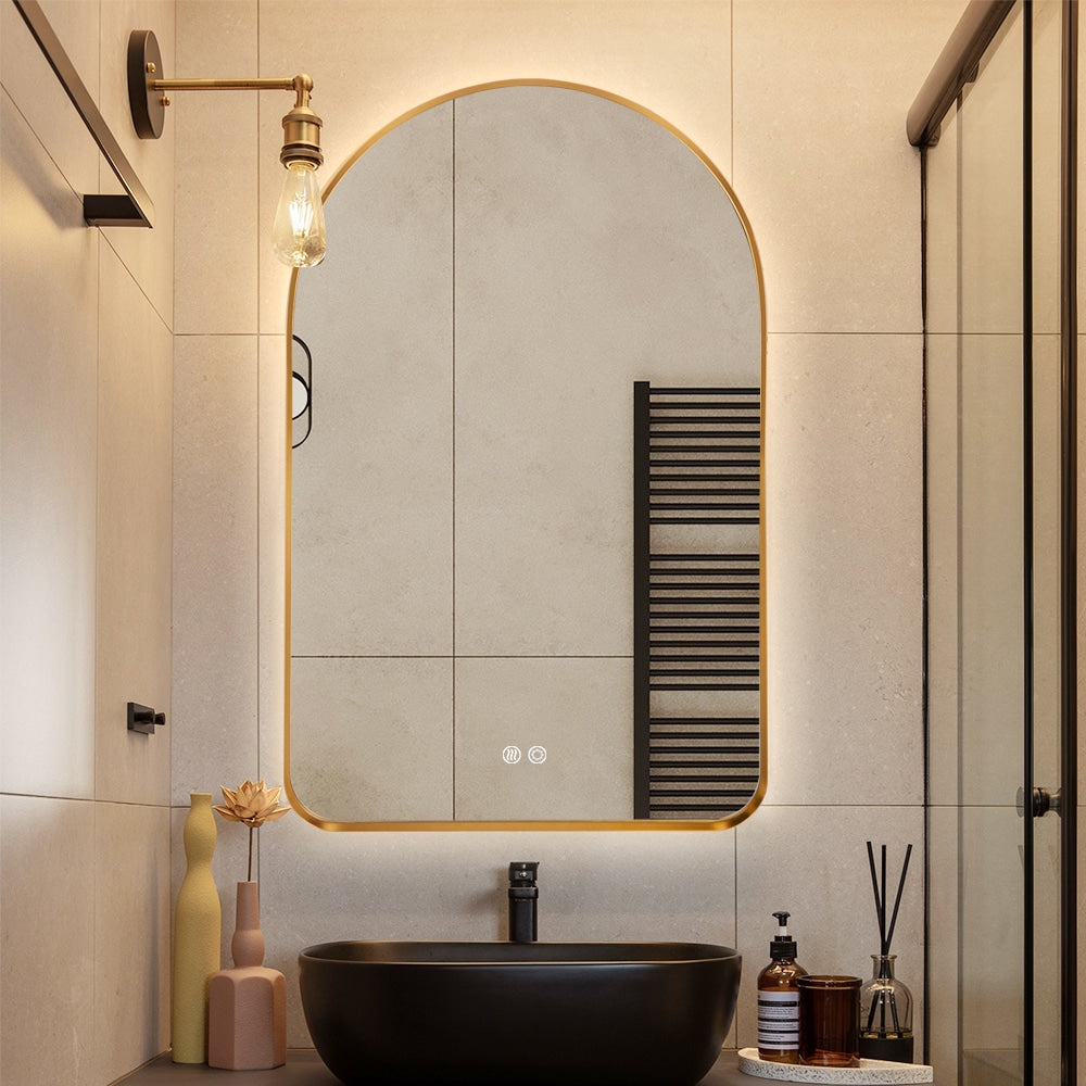 Arched LED Wall Mirror 90cm x 50cm Gold Bevel Frame Backlit Dimmable Defogger