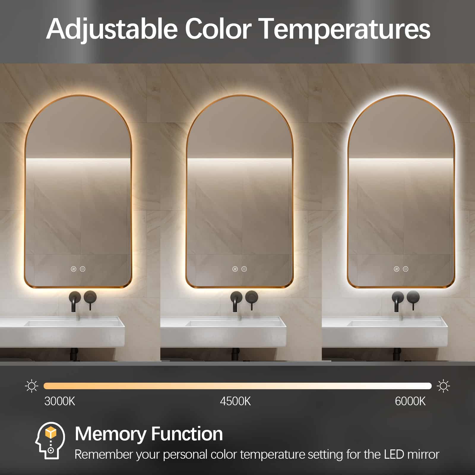 Arched LED Wall Mirror 100cm x 75cm Gold Bevel Frame Backlit Dimmable Defogger
