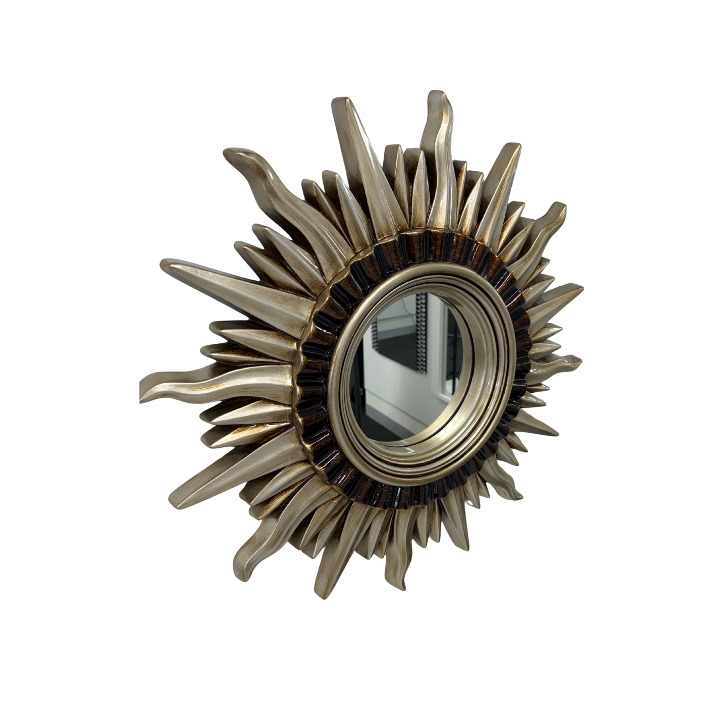 Round Vintage Sunburst Mirror 71cm Silver Wall Mount PU Frame