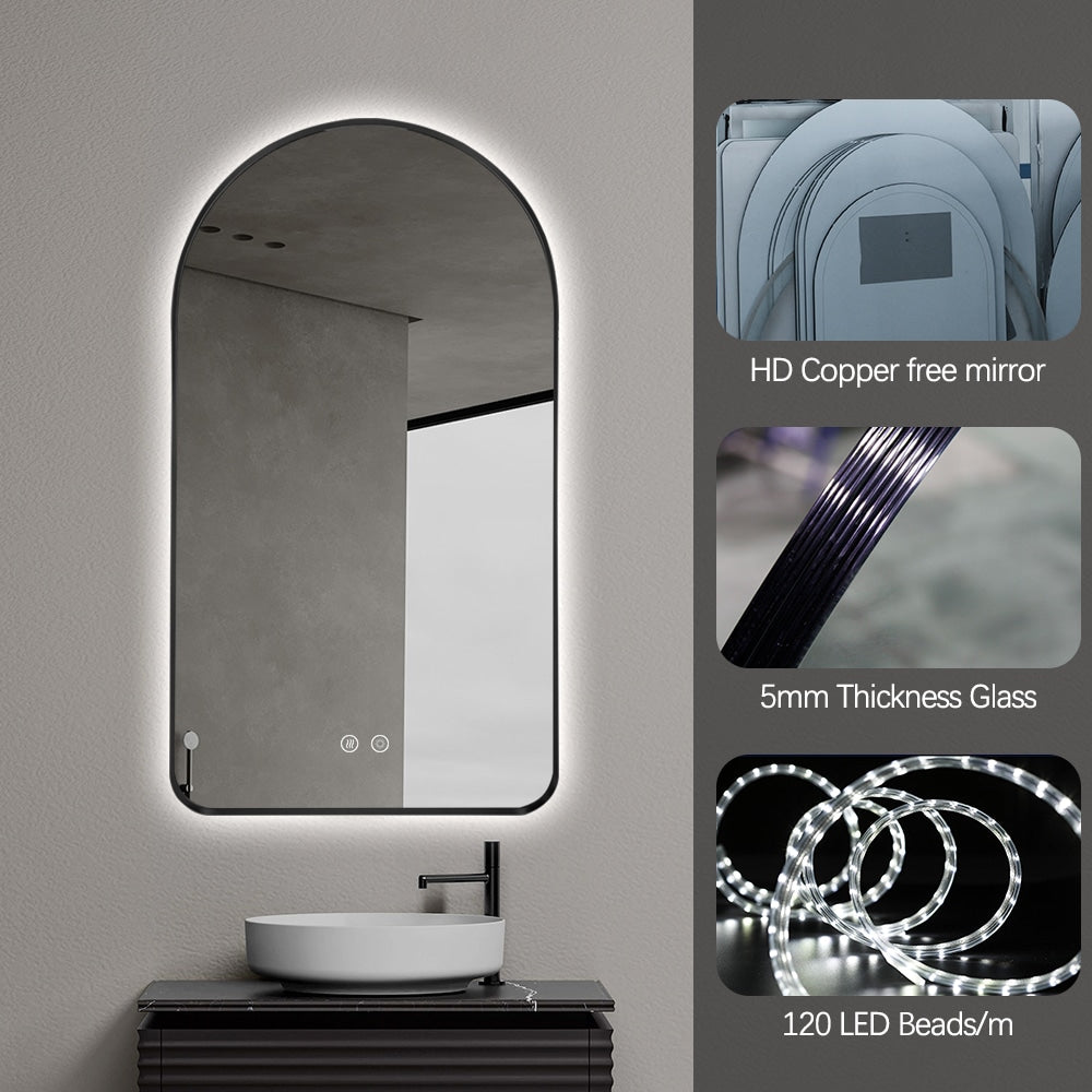 Arched LED Wall Mirror 100cm x 75cm Black Bevel Frame Backlit Dimmable Defogger