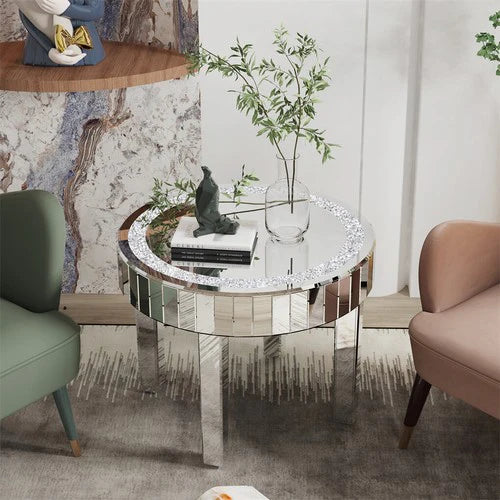 Silver Glass Coffee Table Highly Reflective Mirrored Accent Table Diamond Inlay