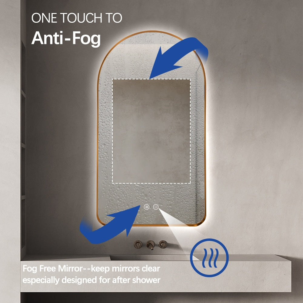 Arched LED Wall Mirror 100cm x 75cm Gold Bevel Frame Backlit Dimmable Defogger