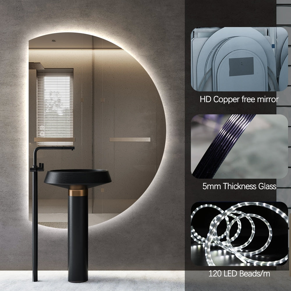 Left Cut Moon LED Mirror 77cm x 110cm Frameless Backlit Wall Mirror