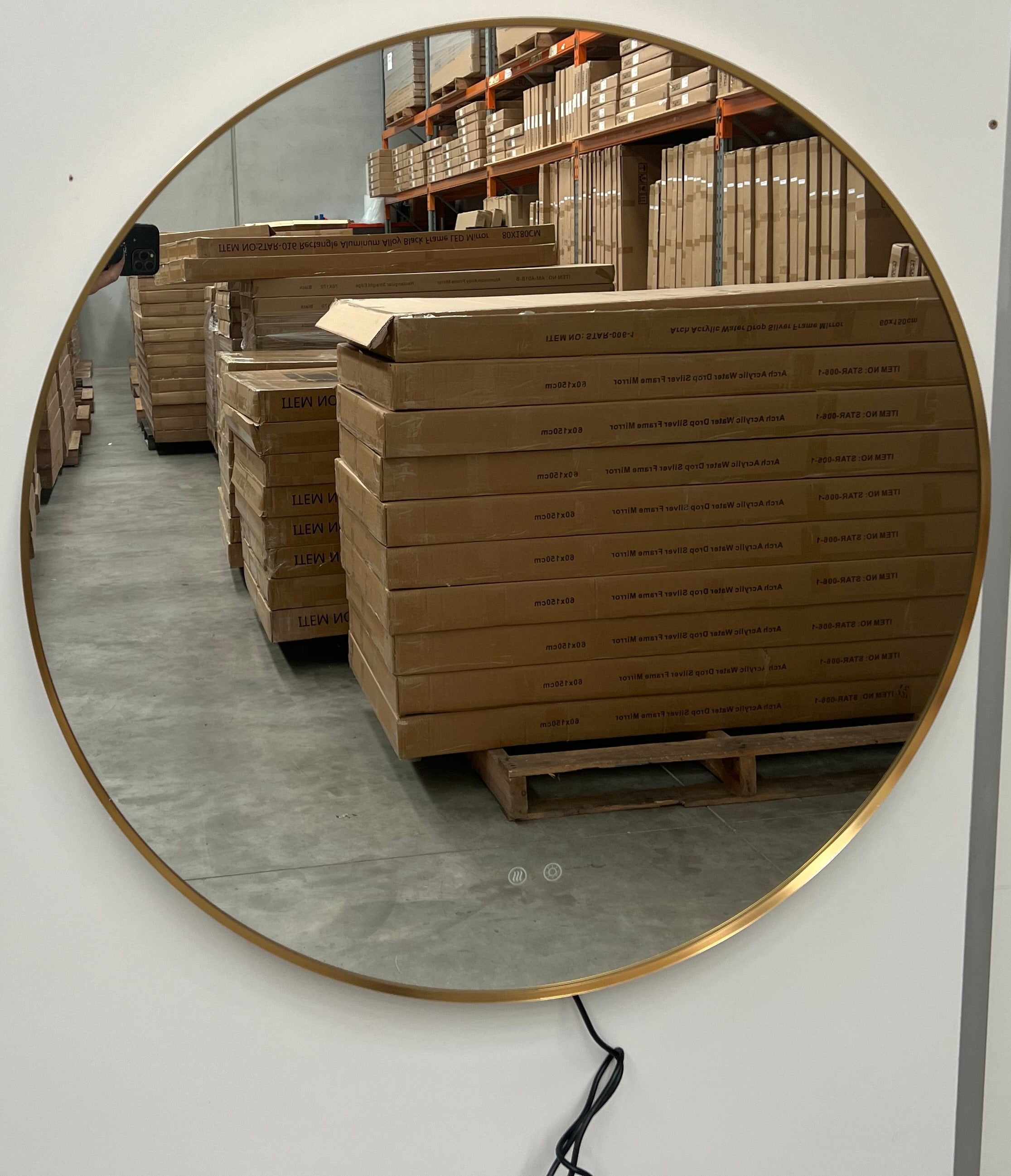 Round LED Mirror 90cm Gold Framed Backlit Defogger Dimmable
