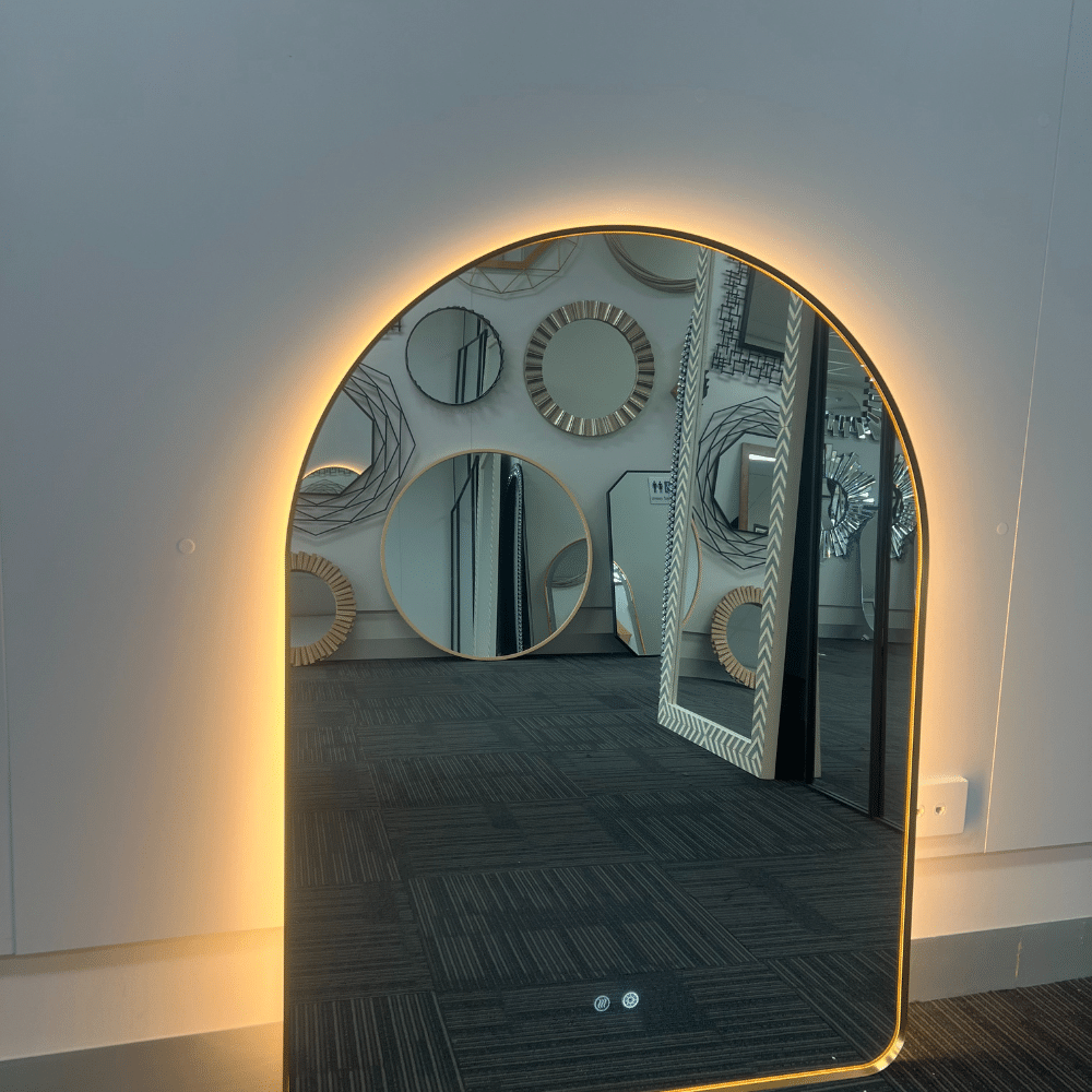 Arched LED Wall Mirror 90cm x 50cm Gold Bevel Frame Backlit Dimmable Defogger