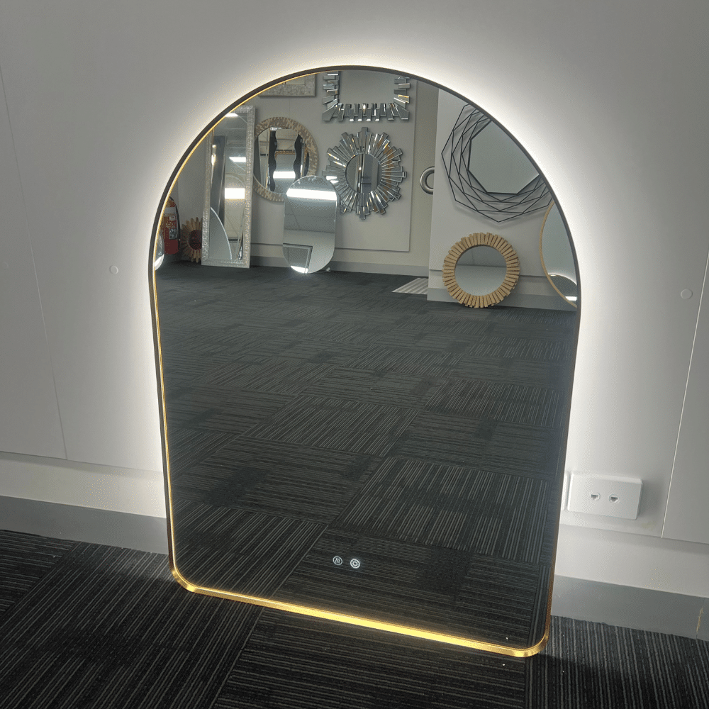 Arched LED Wall Mirror 90cm x 50cm Gold Bevel Frame Backlit Dimmable Defogger