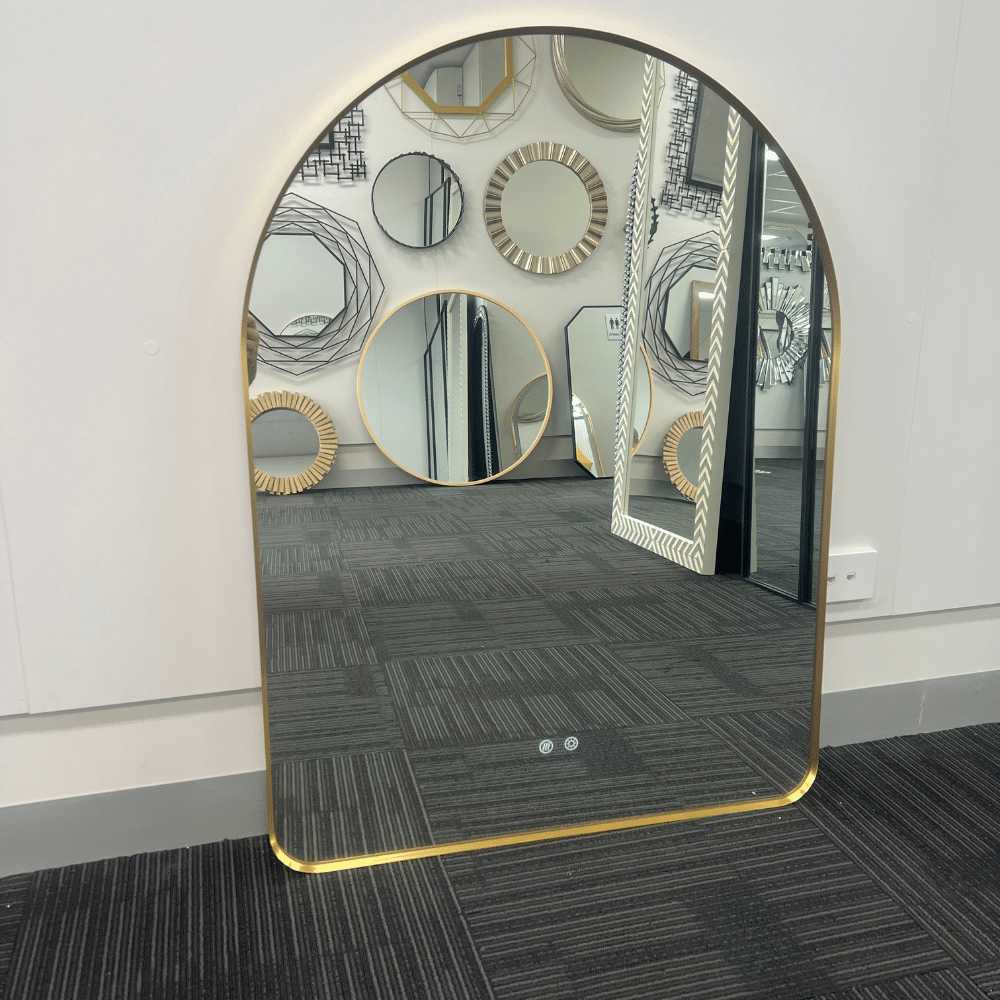 Arched LED Wall Mirror 90cm x 50cm Gold Bevel Frame Backlit Dimmable Defogger