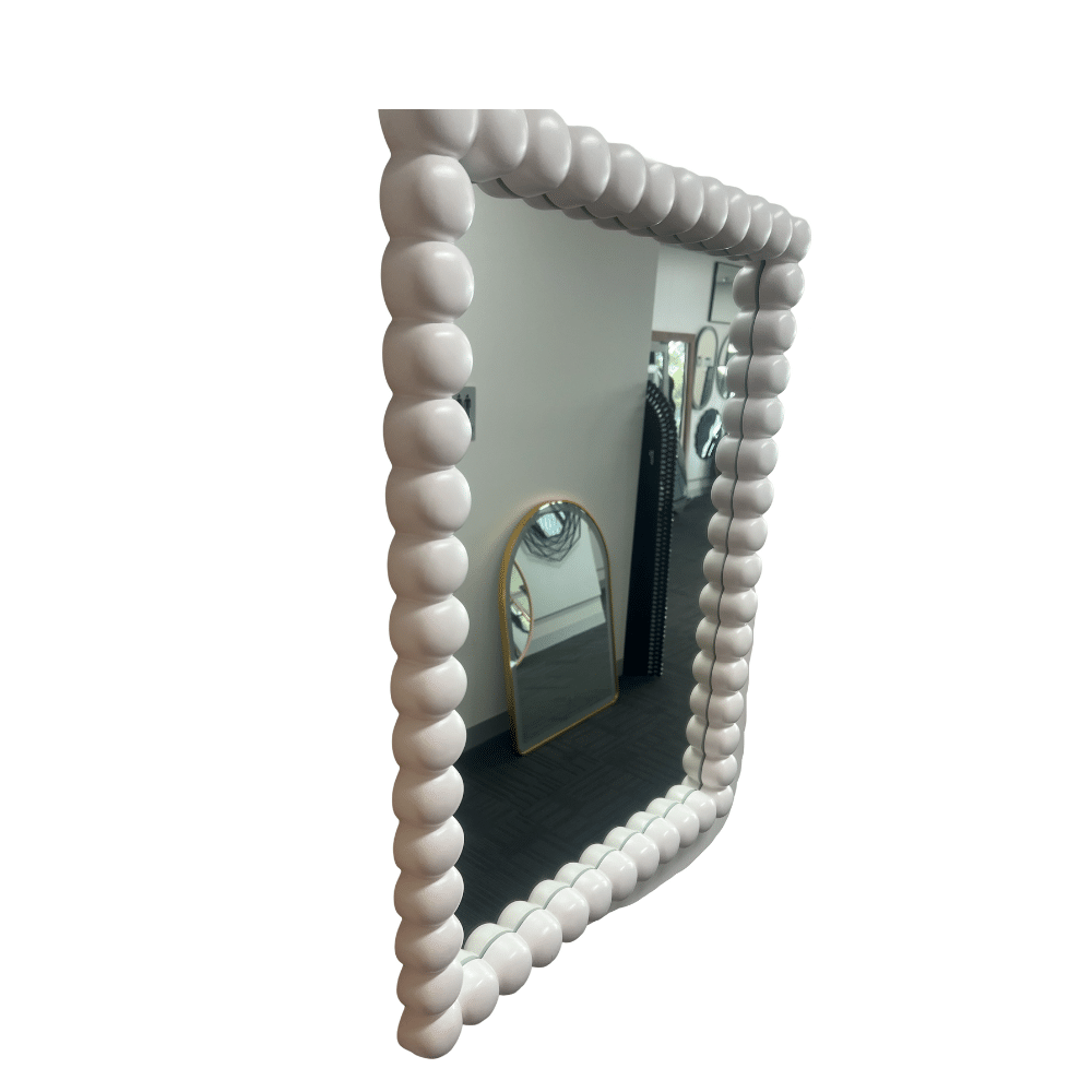 Beaded Rectangular Mirror 90cm x 60cm White PU Frame Decorative Wall Mirror with Ball Accents