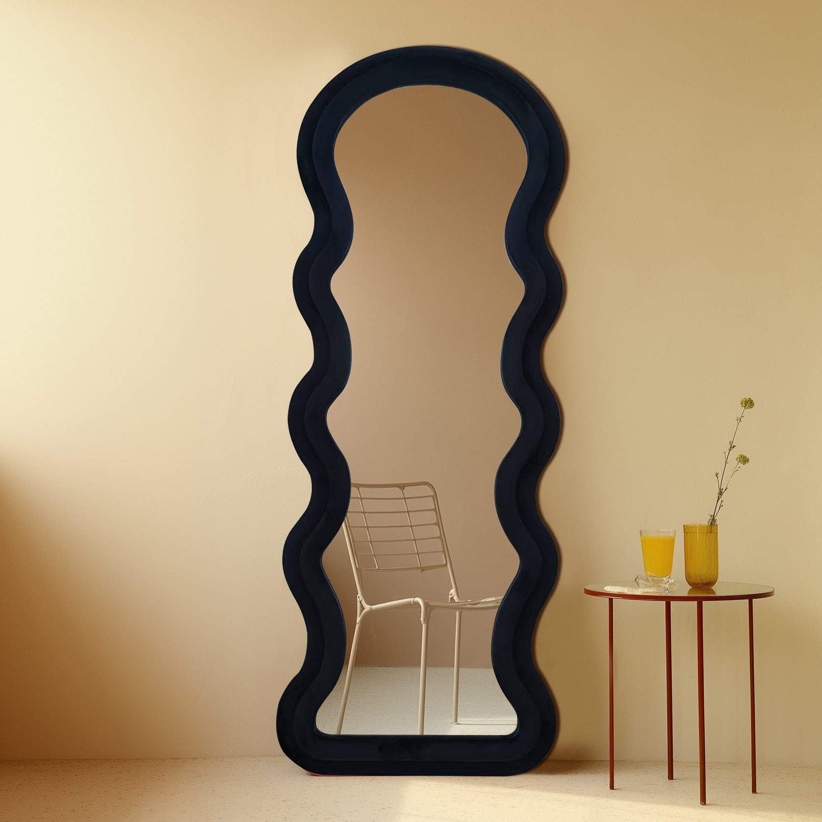 Modern Arched Wavy Velvet Full Length Mirror 160cm x 60cm Black Wall Mirror