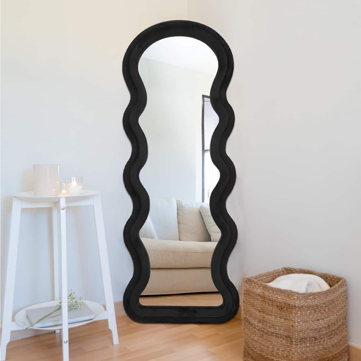 Modern Arched Wavy Velvet Full Length Mirror 160cm x 60cm Black Wall Mirror