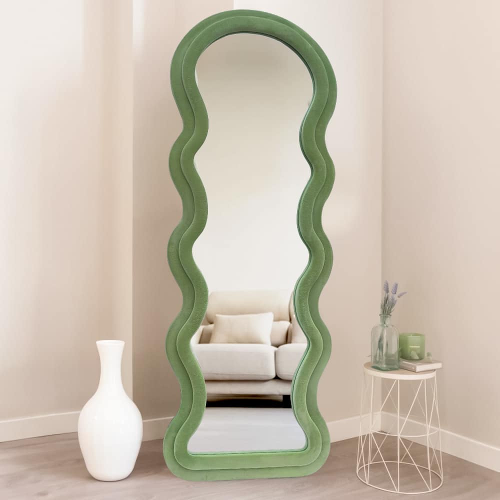 Modern Arched Wavy Velvet Full Length Mirror 160cm x 60cm Green Wall Mirror