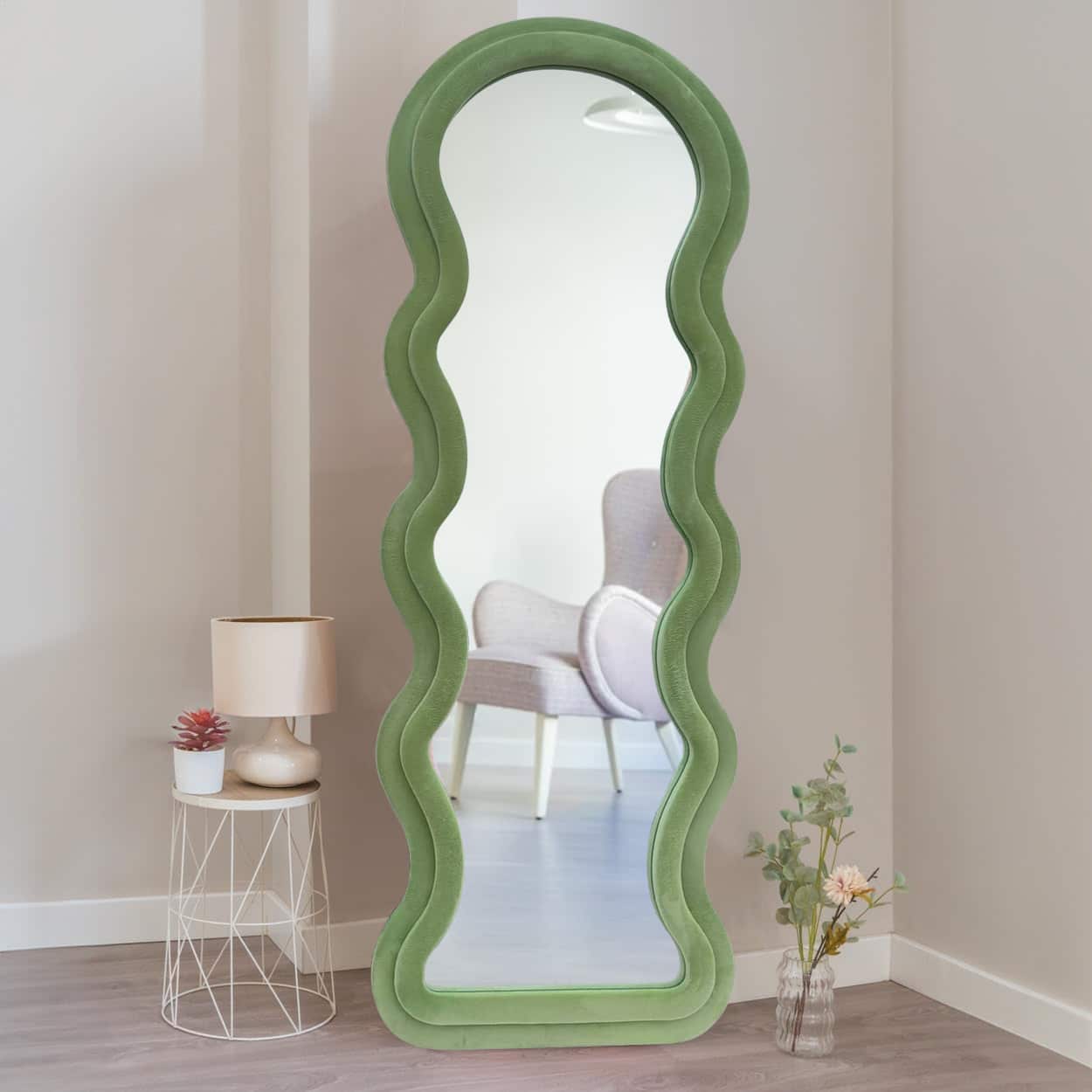 Modern Arched Wavy Velvet Full Length Mirror 160cm x 60cm Green Wall Mirror