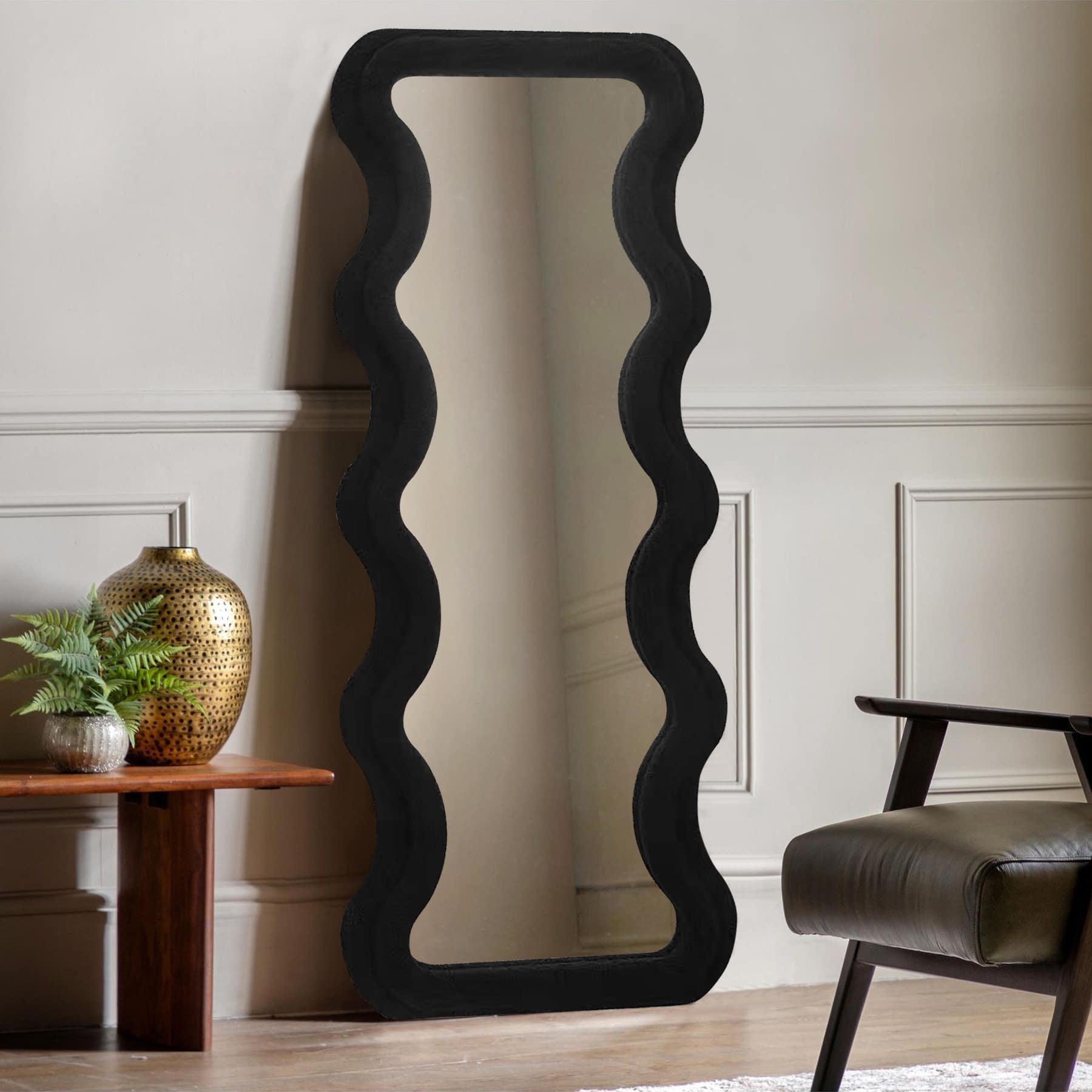 Modern Wavy Teddy Velvet Full Length Mirror 160cm x 60cm Black Decorative Wall Mirror