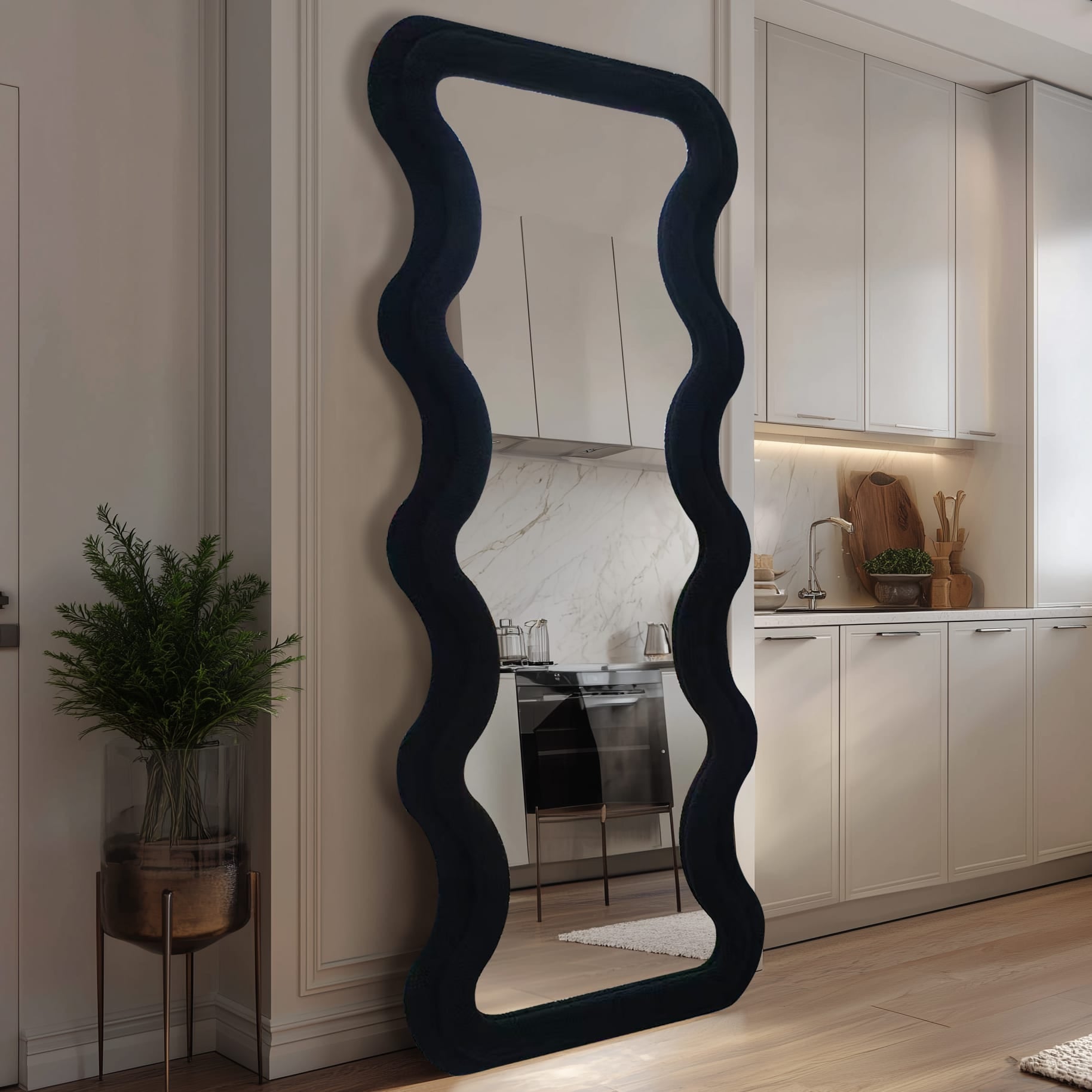 Modern Wavy Teddy Velvet Full Length Mirror 160cm x 60cm Black Decorative Wall Mirror