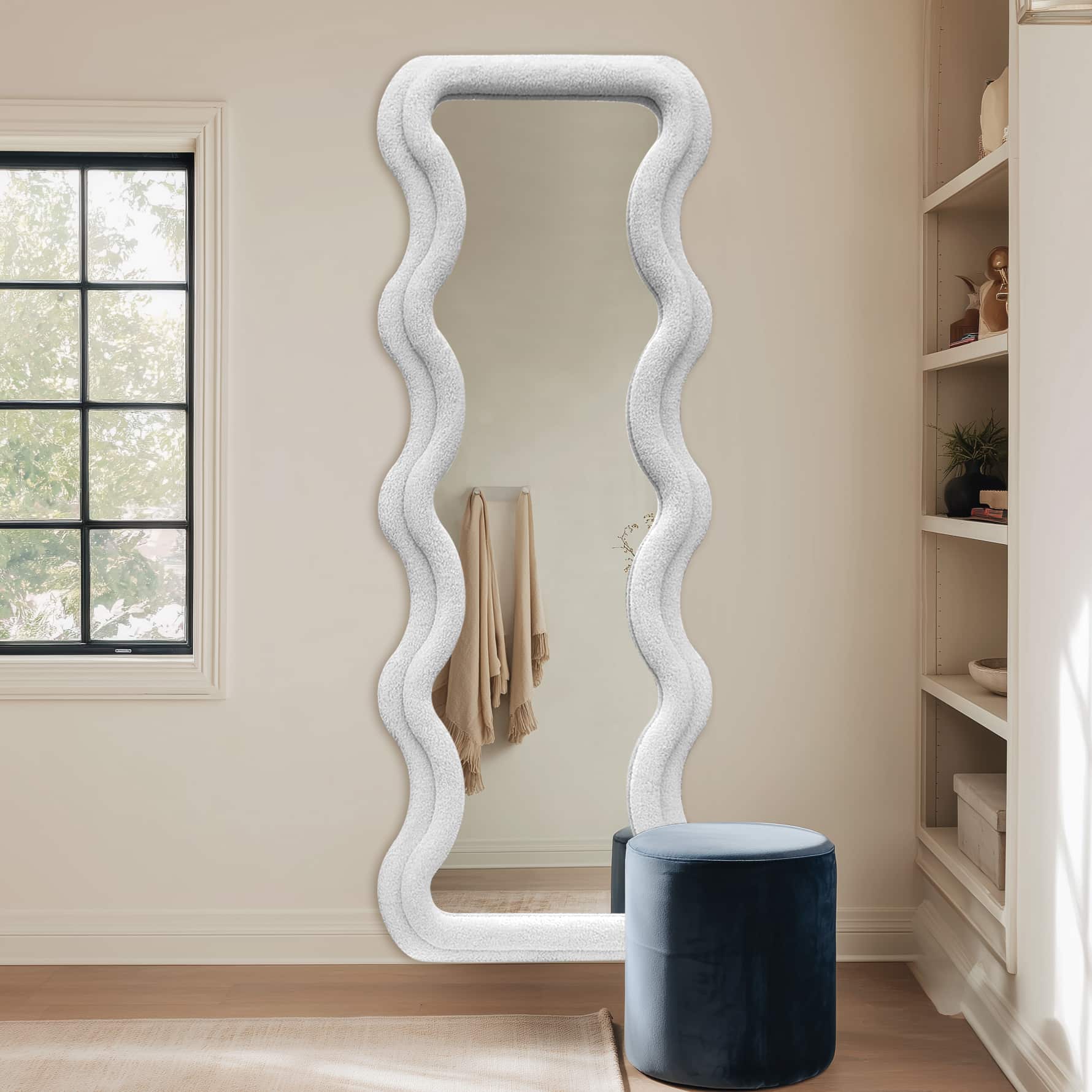 Modern Wavy Teddy Velvet Full Length Mirror 160cm x 60cm White Decorative Wall Mirror