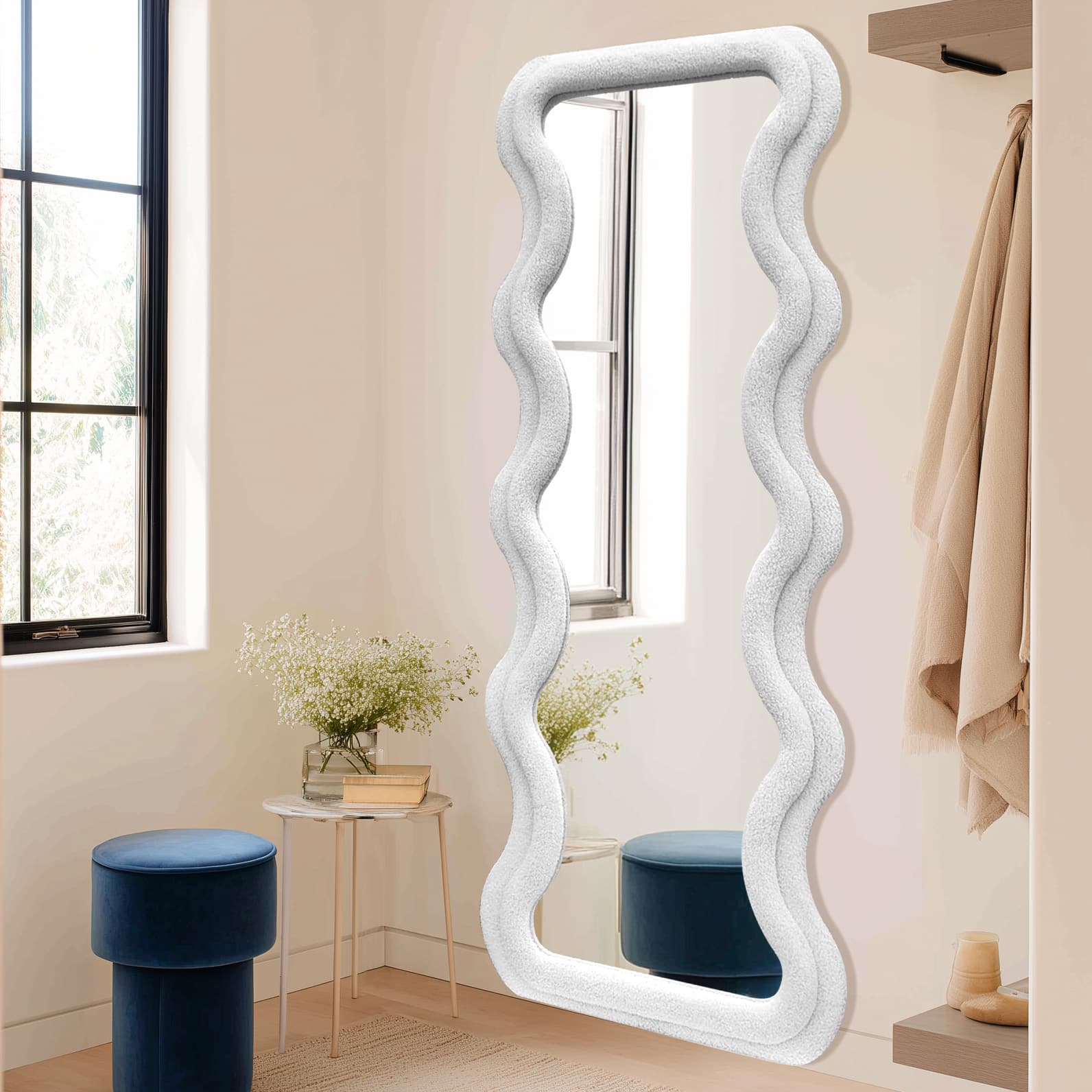 Modern Wavy Teddy Velvet Full Length Mirror 160cm x 60cm White Decorative Wall Mirror