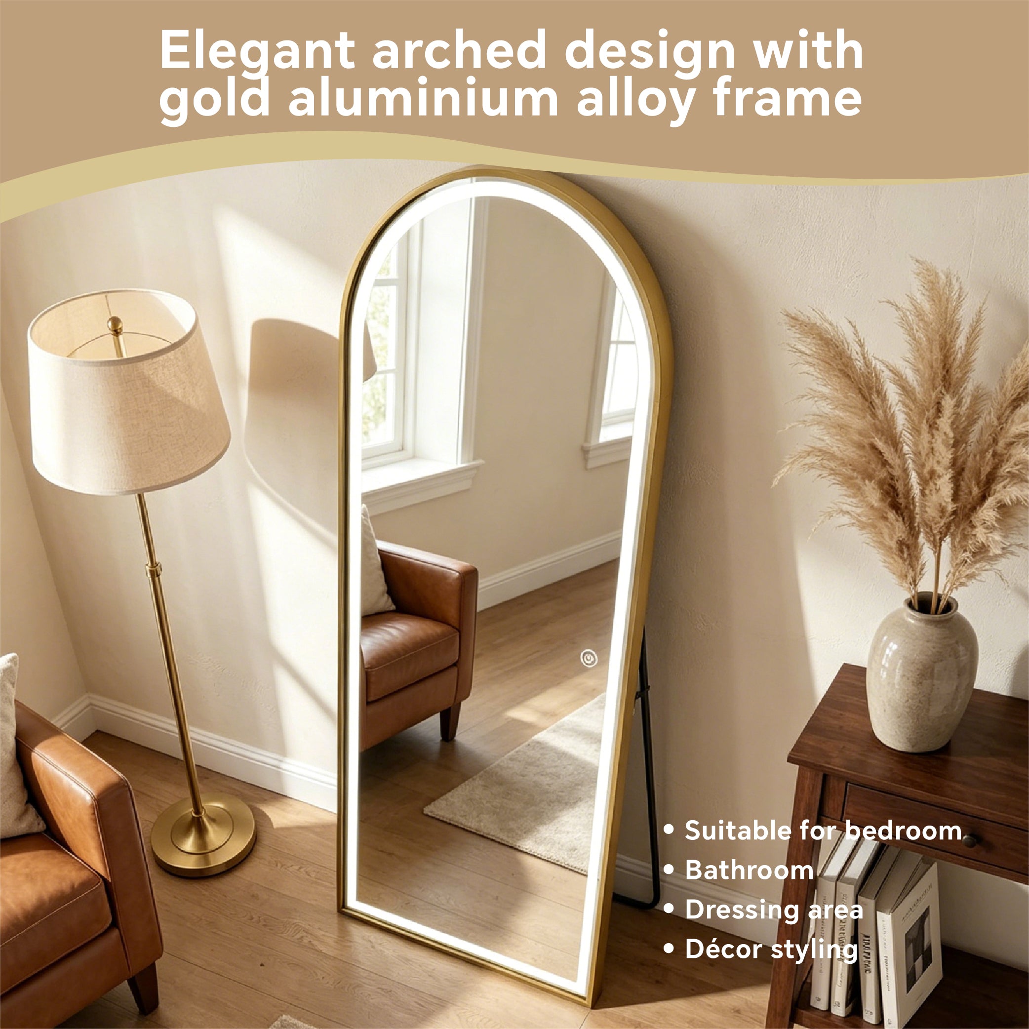 Full Length Arched LED Mirror 180cm x 80cm Freestanding Wall Mounted Gold Frame Dimmable-FLM62