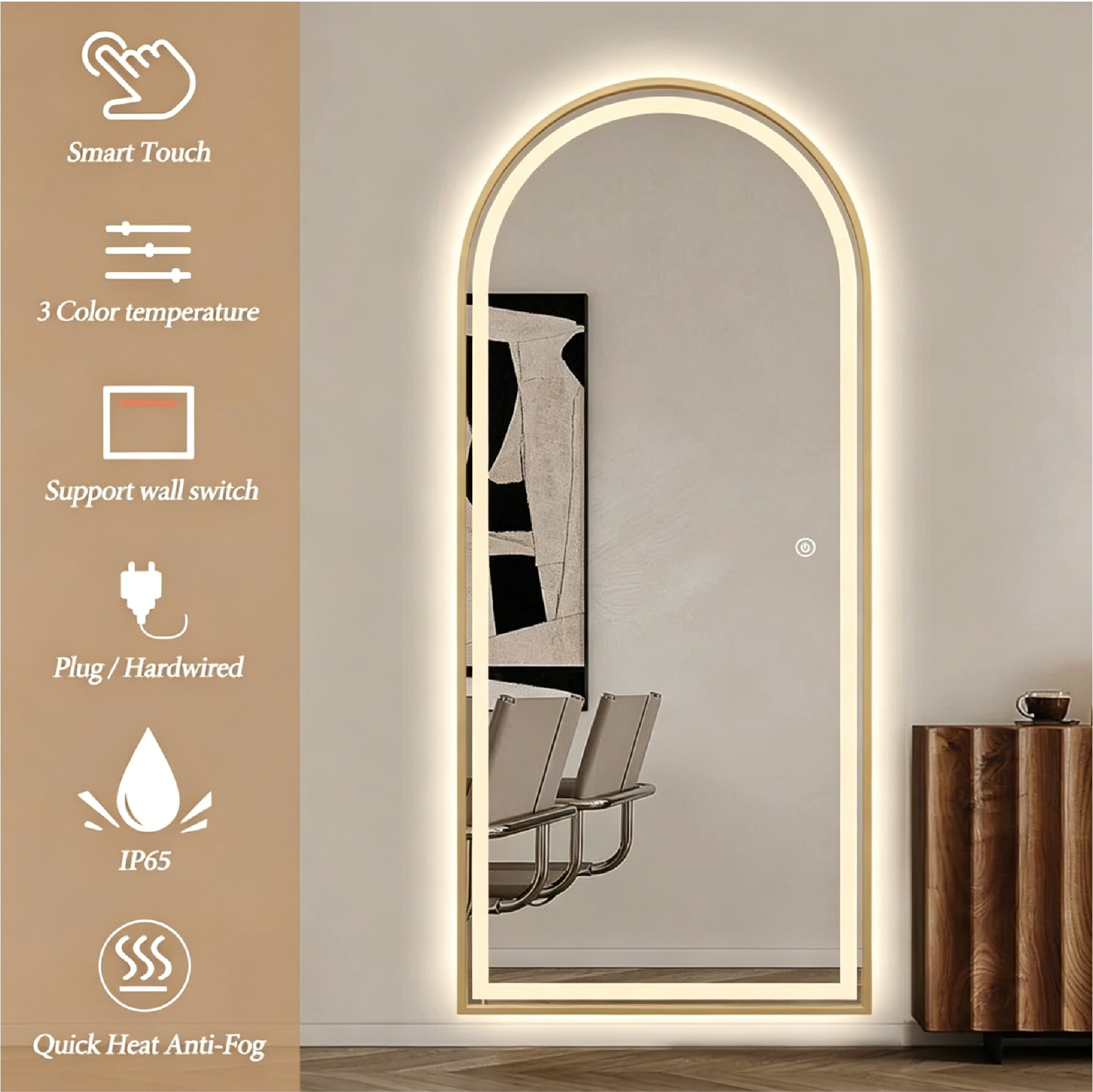 Full Length Arched LED Mirror 180cm x 80cm Freestanding Wall Mounted Gold Frame Dimmable-FLM62