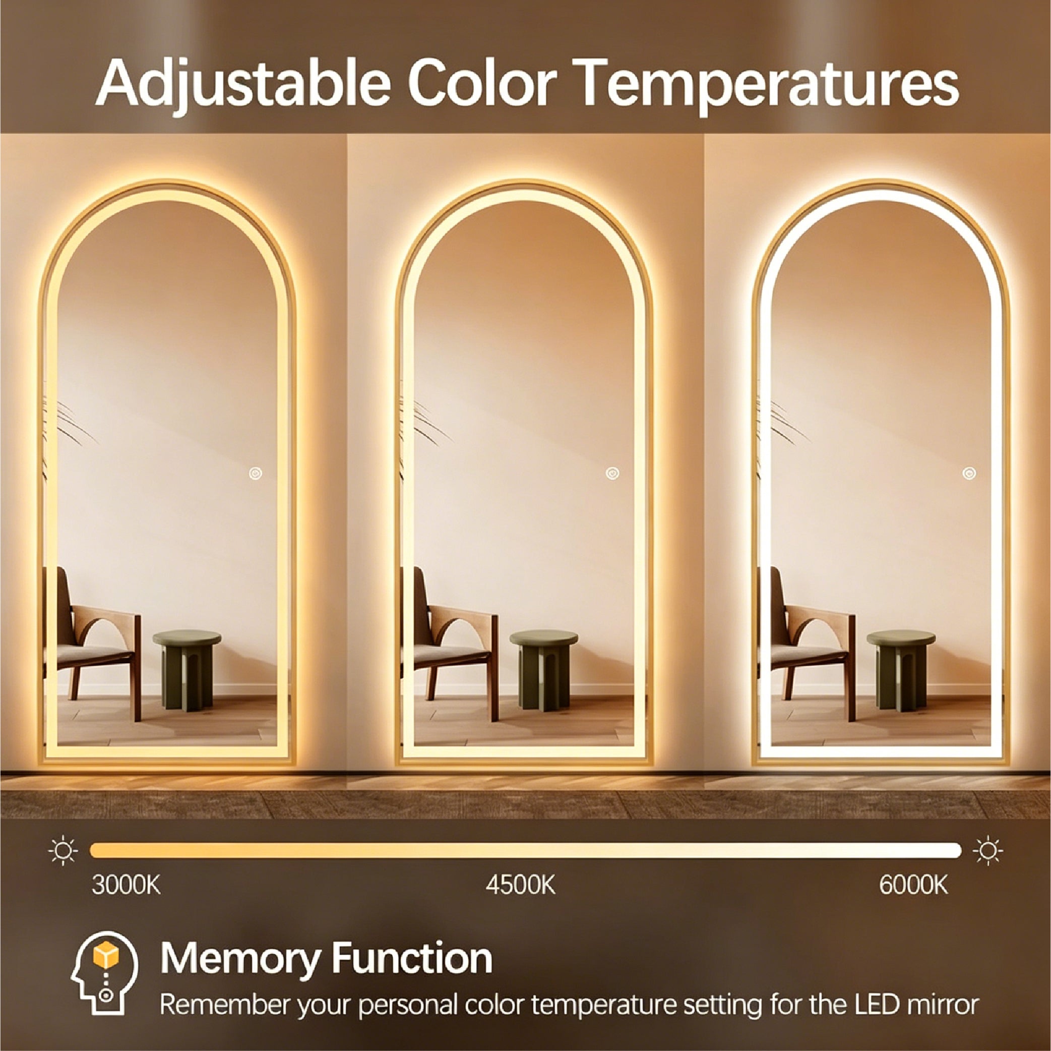 Full Length Arched LED Mirror 180cm x 80cm Freestanding Wall Mounted Gold Frame Dimmable-FLM62