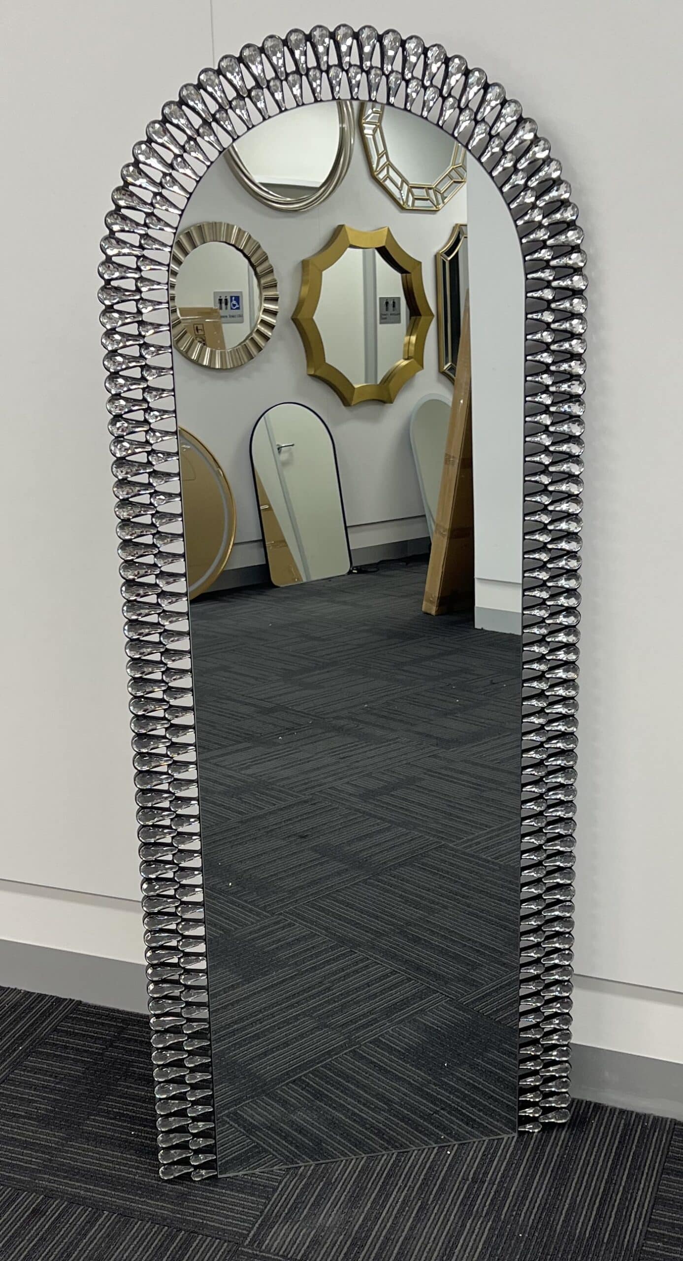 Diamond Water Drop Arch Wall Mirror 150cm x 60cm Silver Acrylic Frame