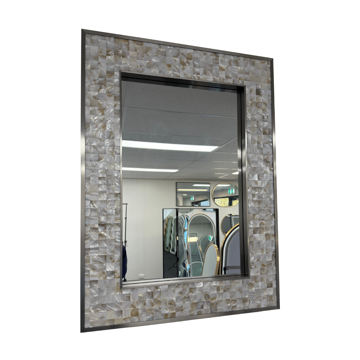 Luxury Silver Rectangular Wall Mirror with Shell Inlay 77cm x 57cm Brushed Stainless Steel Frame