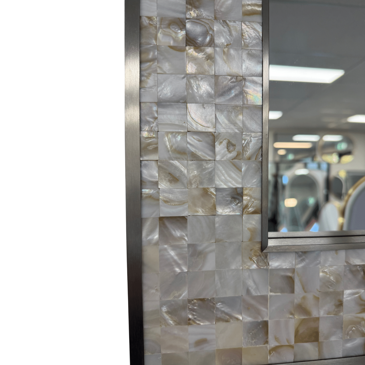 Luxury Silver Rectangular Wall Mirror with Shell Inlay 77cm x 57cm Brushed Stainless Steel Frame