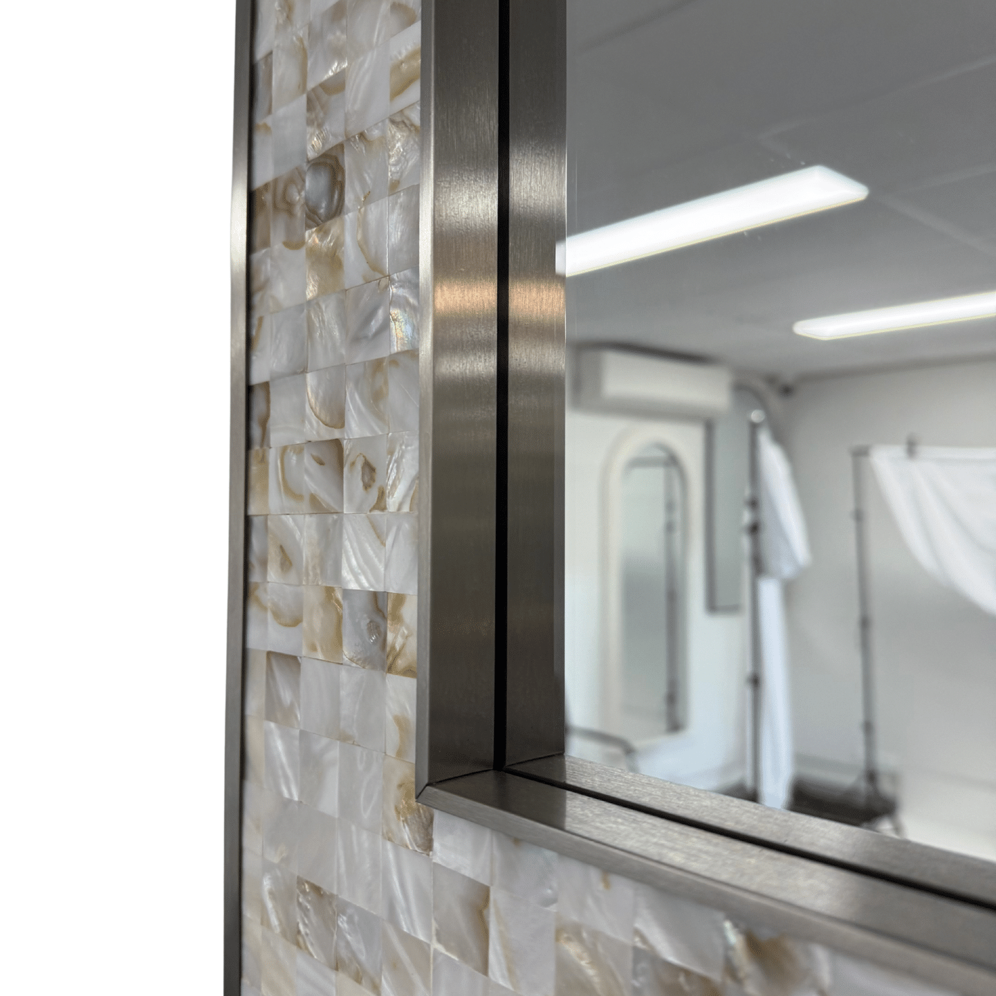 Luxury Silver Rectangular Wall Mirror with Shell Inlay 77cm x 57cm Brushed Stainless Steel Frame