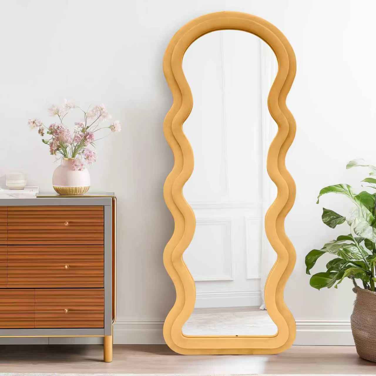 Modern Arched Wavy Velvet Full Length Mirror 160cm x 60cm Peach-Orange Wall Mirror
