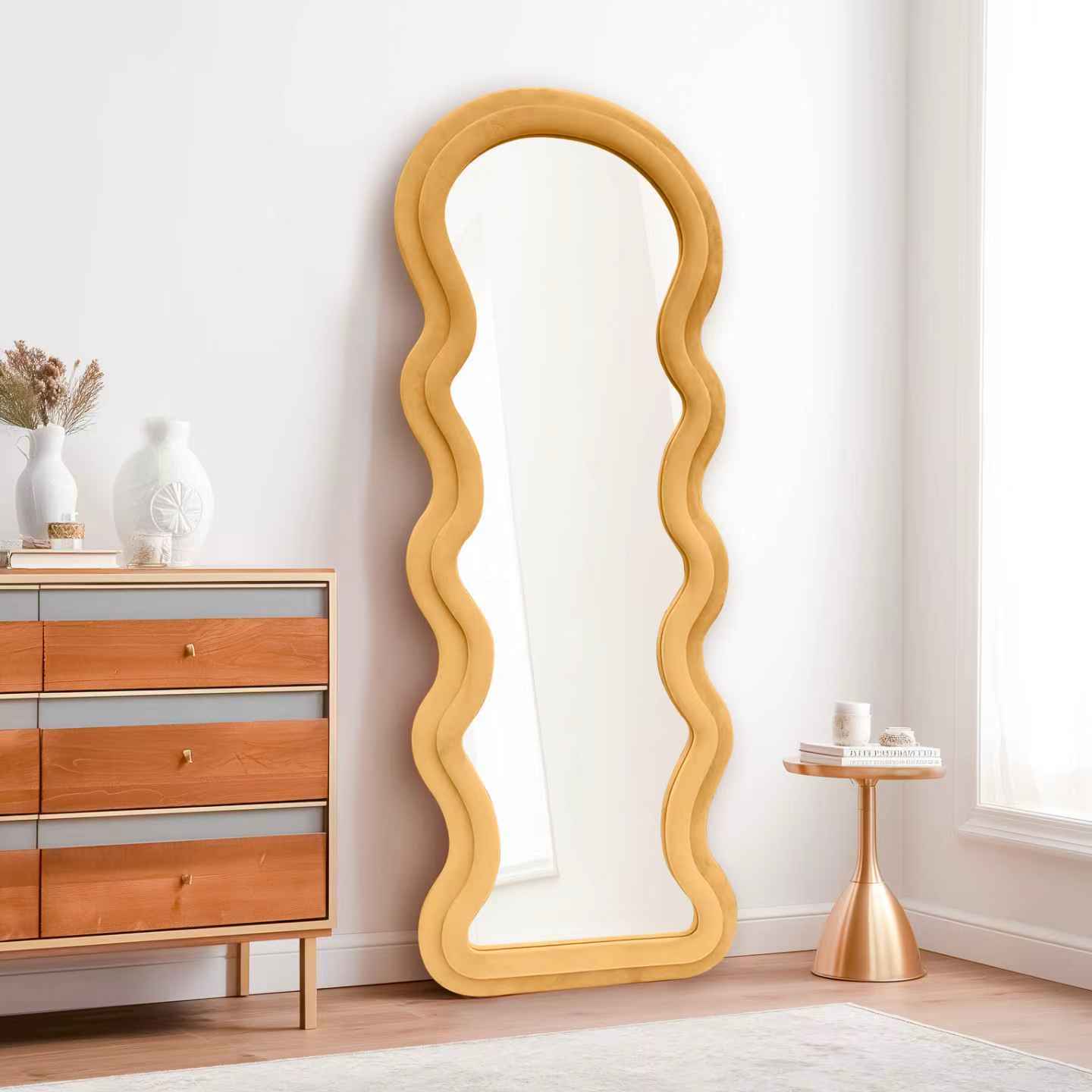 Modern Arched Wavy Velvet Full Length Mirror 160cm x 60cm Peach-Orange Wall Mirror