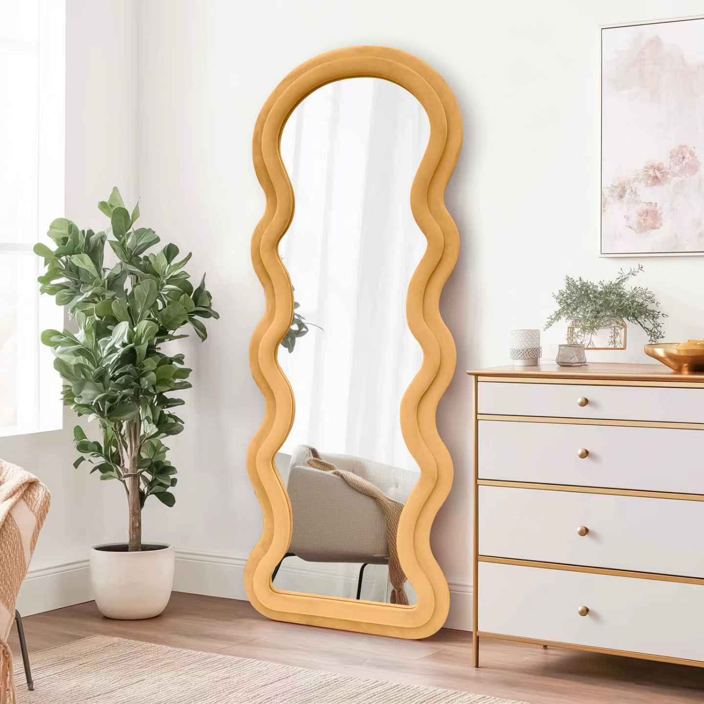 Modern Arched Wavy Velvet Full Length Mirror 160cm x 60cm Peach-Orange Wall Mirror
