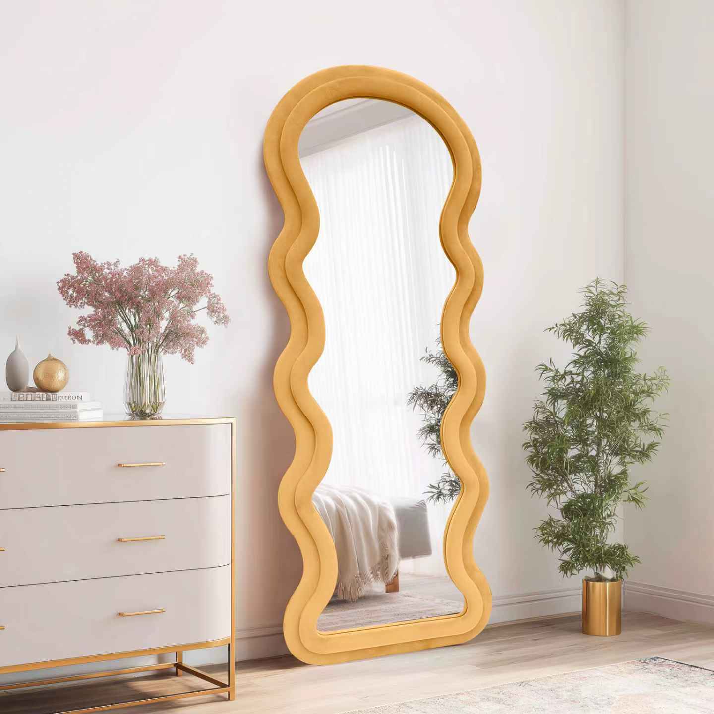 Modern Arched Wavy Velvet Full Length Mirror 160cm x 60cm Peach-Orange Wall Mirror