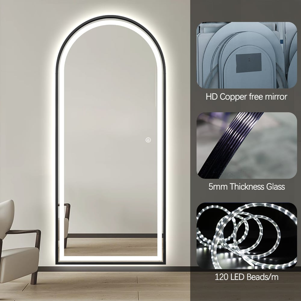 Full Length Arched LED Mirror 180cm x 80cm Freestanding Wall Mounted Black Frame Dimmable