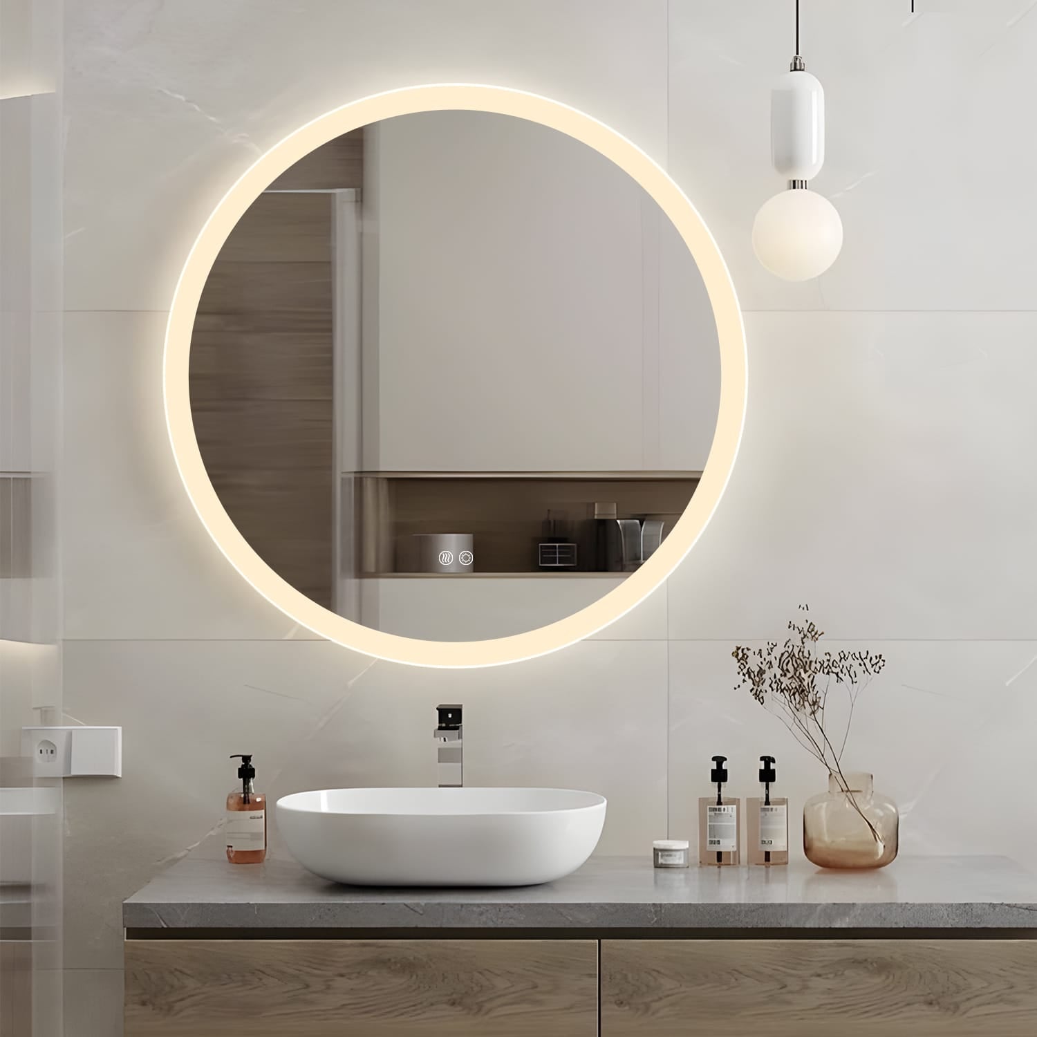 Round LED Mirror 90cm Frosted Defogger Dimmable 30mm Strip