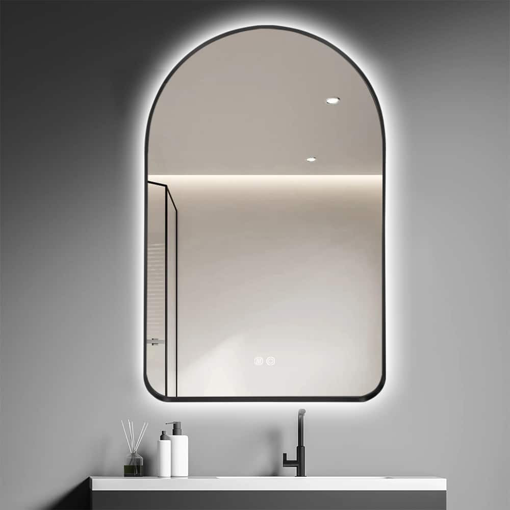 Arched LED Wall Mirror 90cm x 50cm Black Bevel Frame Backlit Dimmable Defogger
