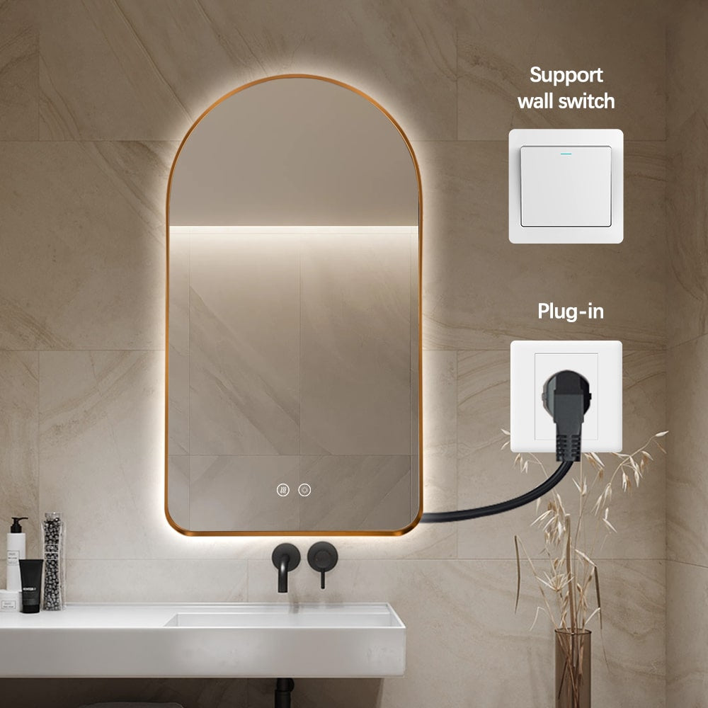 Arched LED Wall Mirror 100cm x 75cm Gold Bevel Frame Backlit Dimmable Defogger