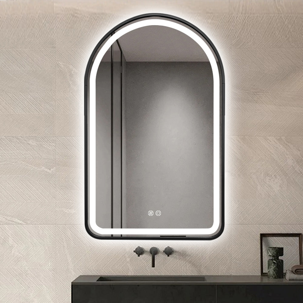 Arched LED Black Frame Wall Mirror 100cm x 75cm Frosted Dimmable Vanity Defogger