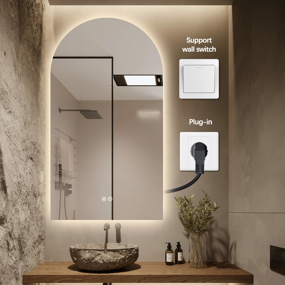 Arched LED Mirror 90cm x 50cm Frameless Backlit Dimmable Anti Fog Bathroom Vanity