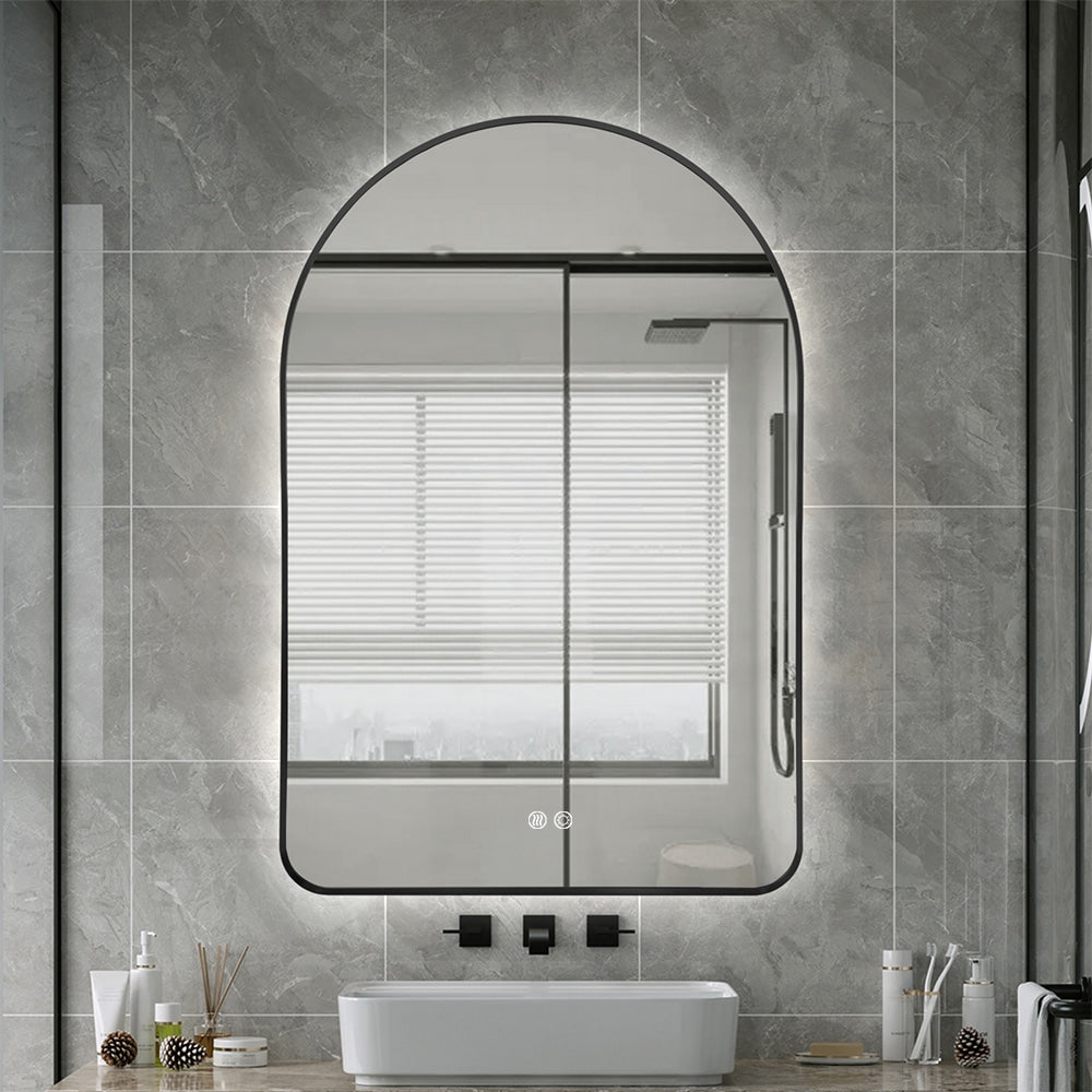 Arched LED Wall Mirror 100cm x 75cm Black Bevel Frame Backlit Dimmable Defogger