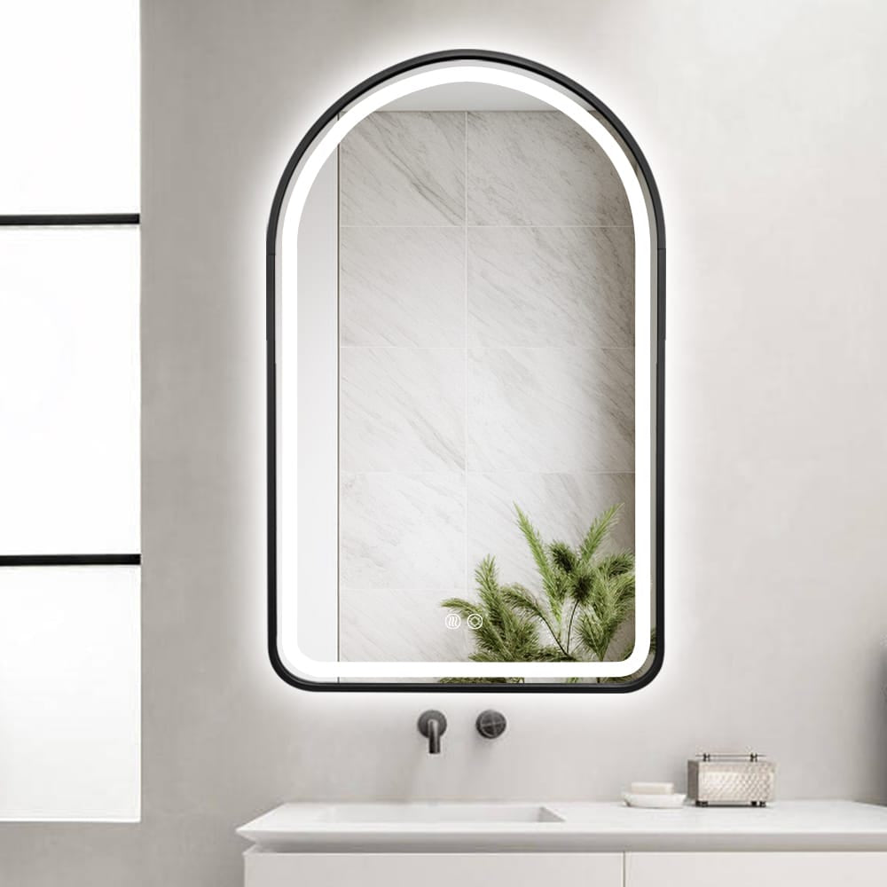 Arched LED Black Frame Wall Mirror 100cm x 75cm Frosted Dimmable Vanity Defogger
