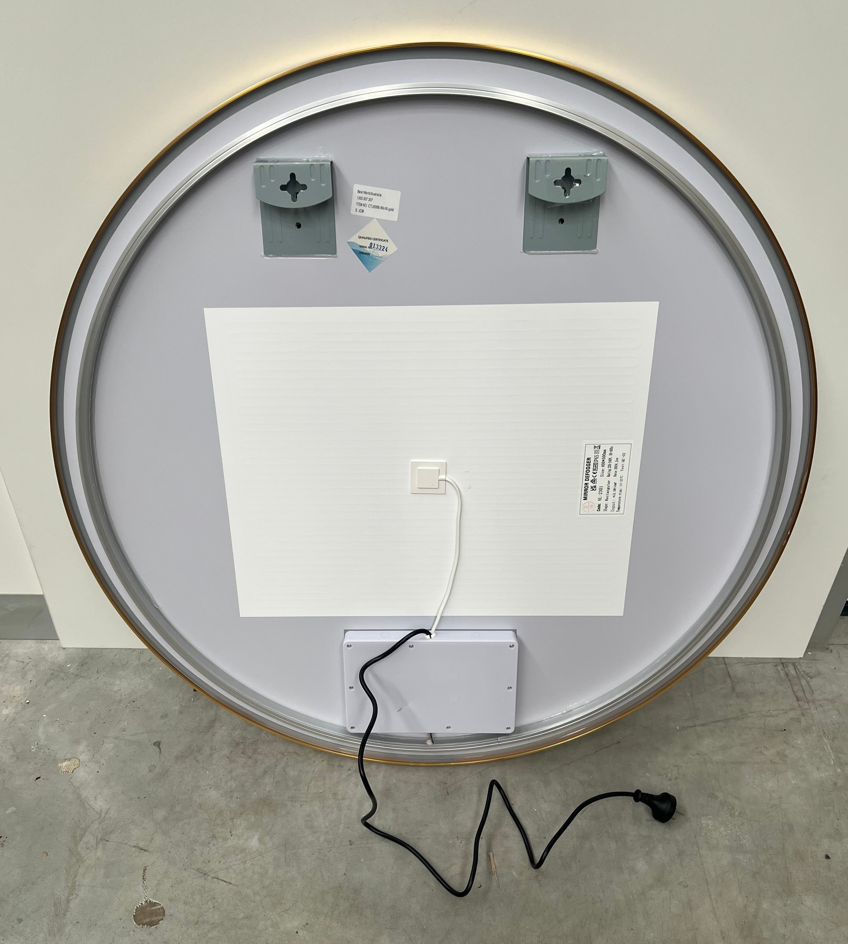 Round LED Mirror 90cm Gold Framed Backlit Defogger Dimmable