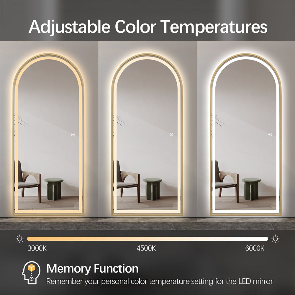 Full Length Arched LED Mirror 180cm x 80cm Freestanding Wall Mounted Gold Frame Dimmable