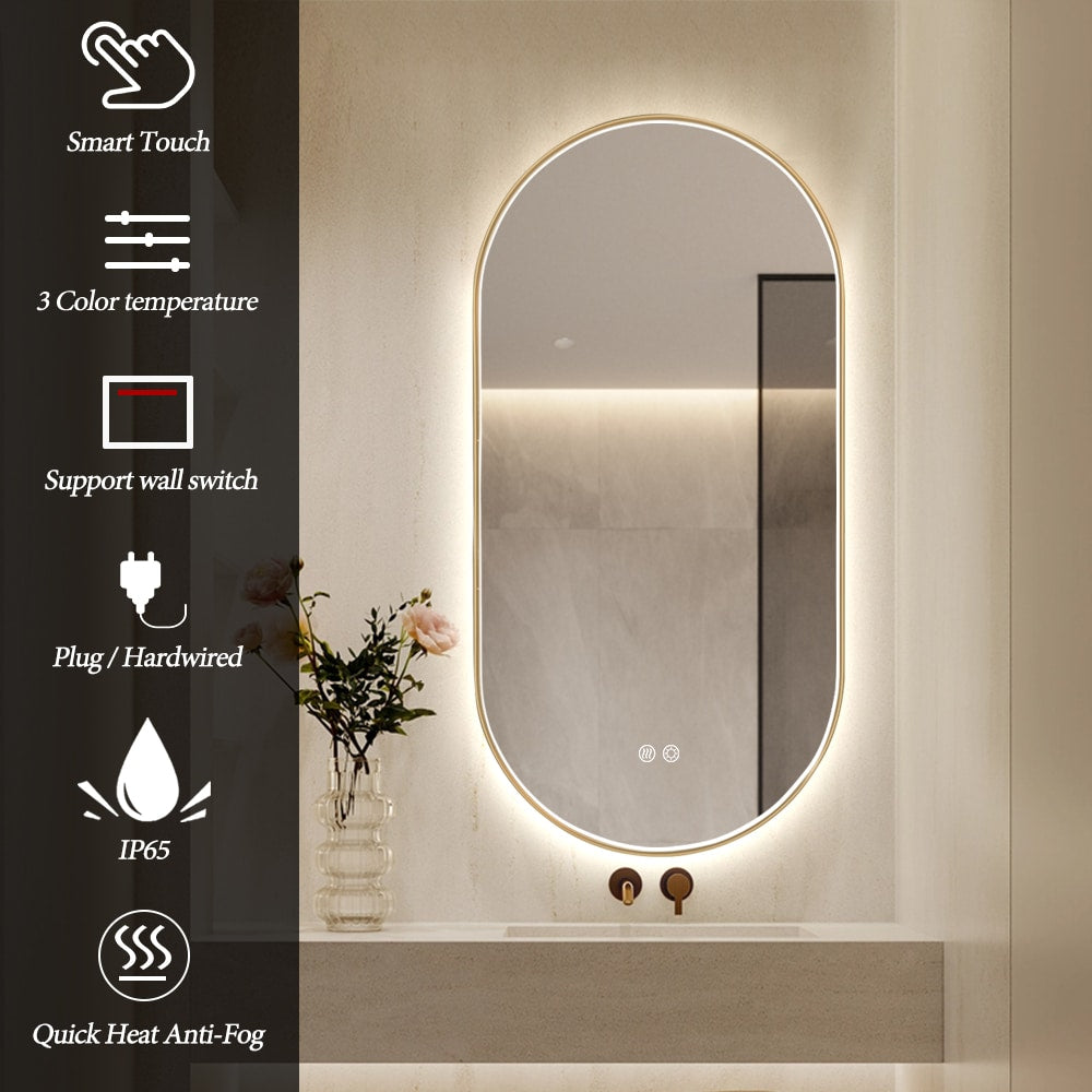 Oval LED Bathroom Mirror 50cm x 100cm Frontlit Gold Frame  Defogger Dimmable